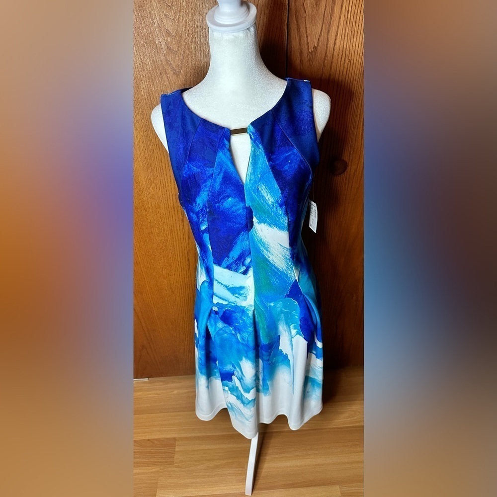 CB Established 1962 Aqua Blue Watercolor Fit And Flare Zip Up Dress Size 8 - Picture 3 of 16